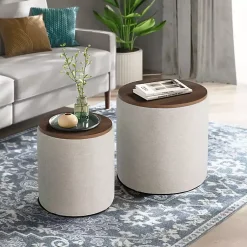 Kirklands Home Benches & Ottomans|Neutral Upholstered Nesting Ottomans, Set of 2 Ivory