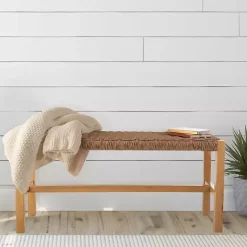 Kirklands Home Entryway Furniture|Newport Natural Wood and Rattan Bench Brown