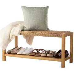 Kirklands Home Entryway Furniture|Newport Natural Wood and Rattan Bench with Shelf Brown