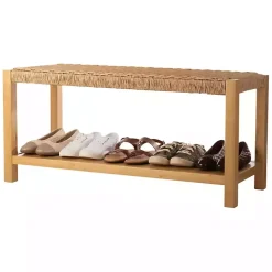 Kirklands Home Entryway Furniture|Newport Natural Wood and Rattan Bench with Shelf Brown