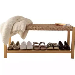 Kirklands Home Entryway Furniture|Newport Natural Wood and Rattan Bench with Shelf Brown