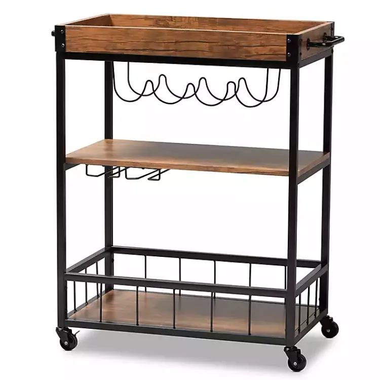 Kirklands Home Kitchen Islands & Bar Carts|Oak and Black Metal Bar Cart with Bottle Rack