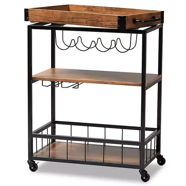 Kirklands Home Kitchen Islands & Bar Carts|Oak and Black Metal Bar Cart with Bottle Rack
