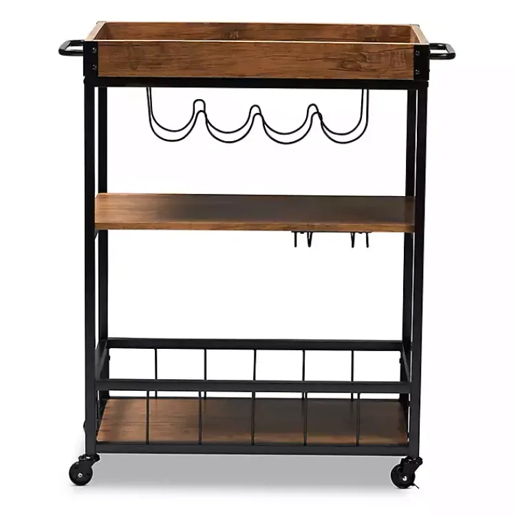 Kirklands Home Kitchen Islands & Bar Carts|Oak and Black Metal Bar Cart with Bottle Rack