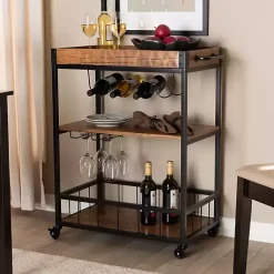 Kirklands Home Kitchen Islands & Bar Carts|Oak and Black Metal Bar Cart with Bottle Rack