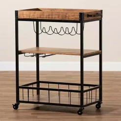Kirklands Home Kitchen Islands & Bar Carts|Oak and Black Metal Bar Cart with Bottle Rack