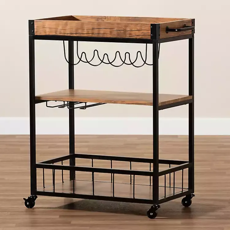 Kirklands Home Kitchen Islands & Bar Carts|Oak and Black Metal Bar Cart with Bottle Rack