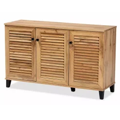 Kirklands Home Entryway Furniture|Oak 3-Door Slatted Shoe Storage Cabinet Brown