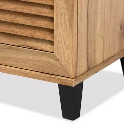 Kirklands Home Entryway Furniture|Oak 3-Door Slatted Shoe Storage Cabinet Brown