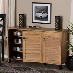 Kirklands Home Entryway Furniture|Oak 3-Door Slatted Shoe Storage Cabinet Brown