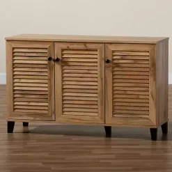 Kirklands Home Entryway Furniture|Oak 3-Door Slatted Shoe Storage Cabinet Brown
