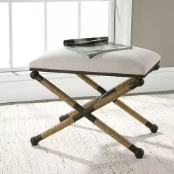 Kirklands Home Benches & Ottomans|Oatmeal Upholstered Wrapped Rope Frame Bench Ivory