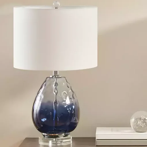 Kirklands Home Table Lamps|Ombre Blue Glass Teardrop Table Lamp White