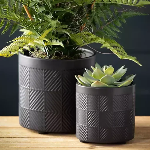 Kirklands Home Planters|Onyx Textured Ceramic Footed Planters, Set of 2 Black