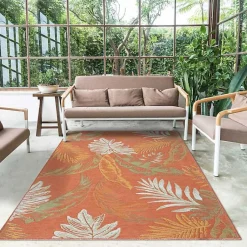 Kirklands Home Outdoor Rugs|Orange & Green Palms Reversible Outdoor Rug, 5x7