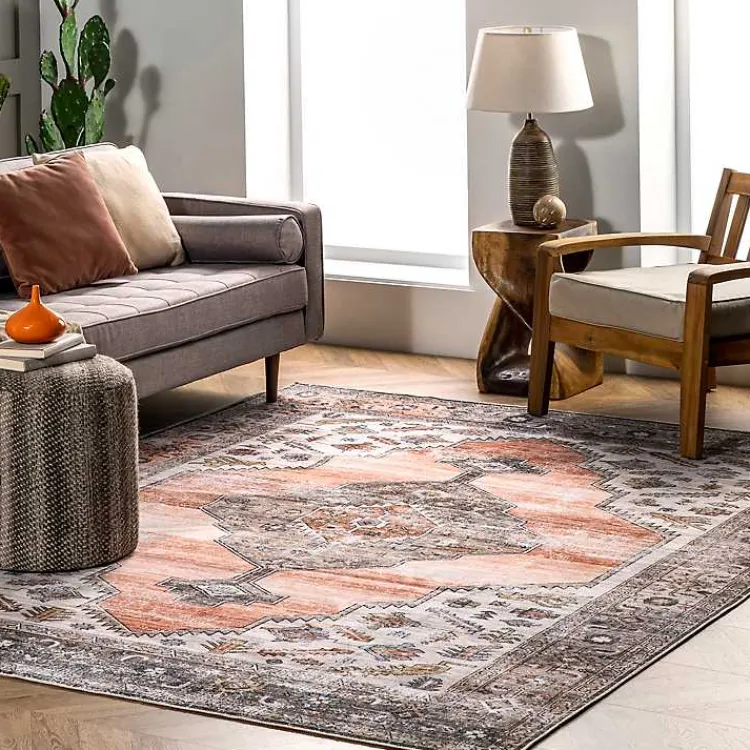 Kirklands Home Accent Rugs|Orange Distressed Medallion Washable Runner