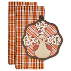 Best Orange Plaid Turkey 3-pc. Potholder & Towel Set Fall