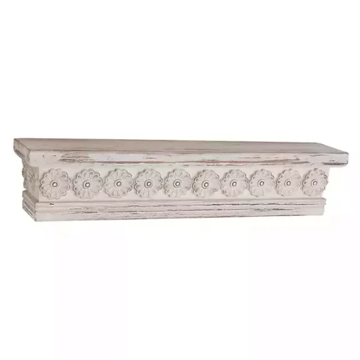 Kirklands Home Shelves|Ornate Farmhouse Wooden Wall Shelf, 28 in. White