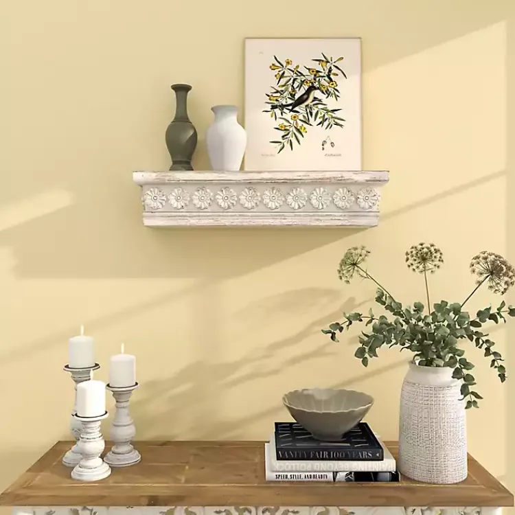 Kirklands Home Shelves|Ornate Farmhouse Wooden Wall Shelf, 28 in. White