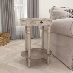 Kirklands Home Accent & End Tables|Oval washed Pine Wood Side Table White