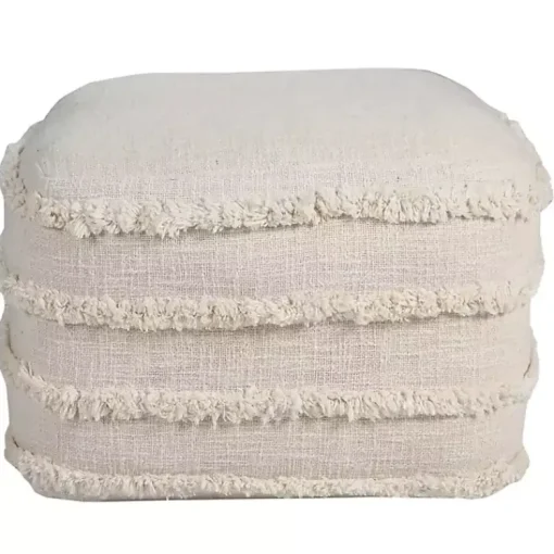 Outlet Pale Beige Tufted Stripe Cotton Square Pouf Poufs & Floor Cushions