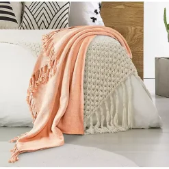 Online Peach Checkered Weave Fringe Throw Blankets & Throws