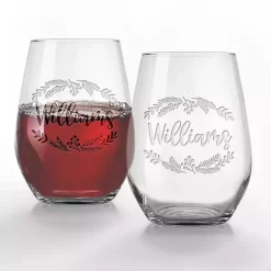 Personalized Wreath Etched Wine Glasses, Set of 2 Christmas Dining & Entertaining