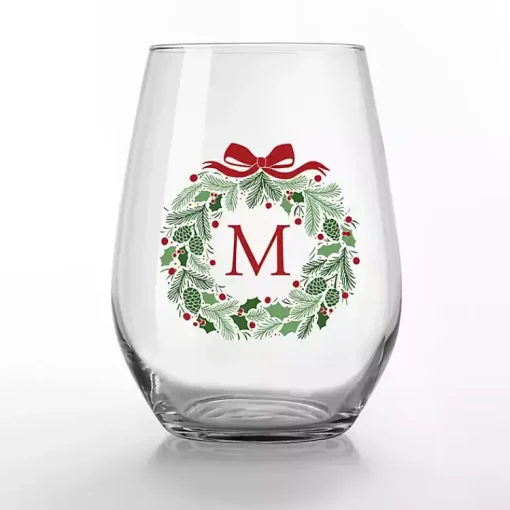 Clearance Personalized Wreath Wine Glasses, Set of 2 Christmas Dining & Entertaining
