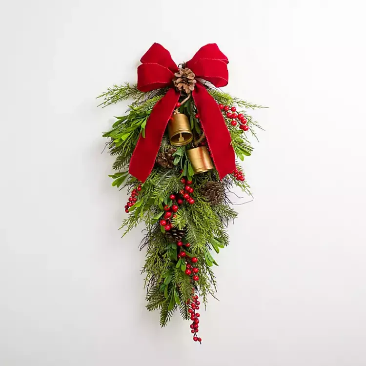 Clearance Pinecone and Red Berry Bells Teardrop Swag Christmas Wreaths
