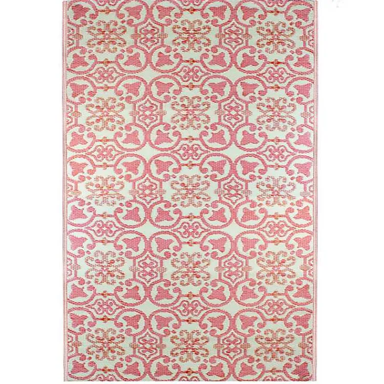 Kirklands Home Outdoor Rugs|Pink and Cream Floral Tile Outdoor Area Rug, 4x6