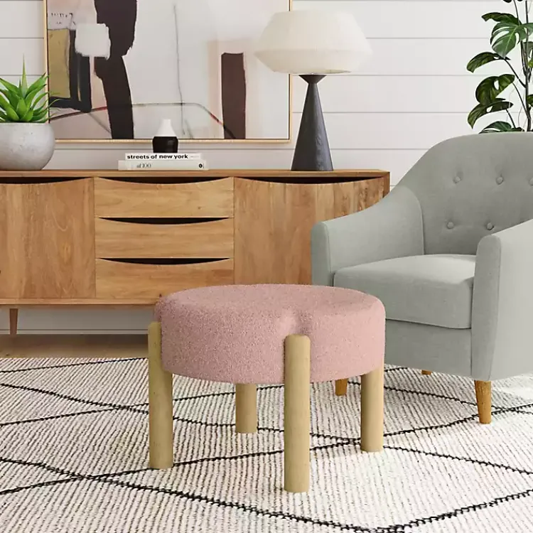 Kirklands Home Benches & Ottomans|Boucle Natural Wood Ottoman Pink