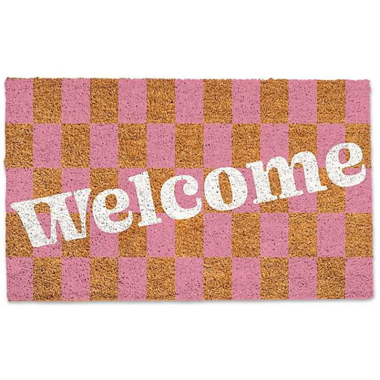 Kirklands Home Doormats|Pink Checkered Welcome Coir Doormat
