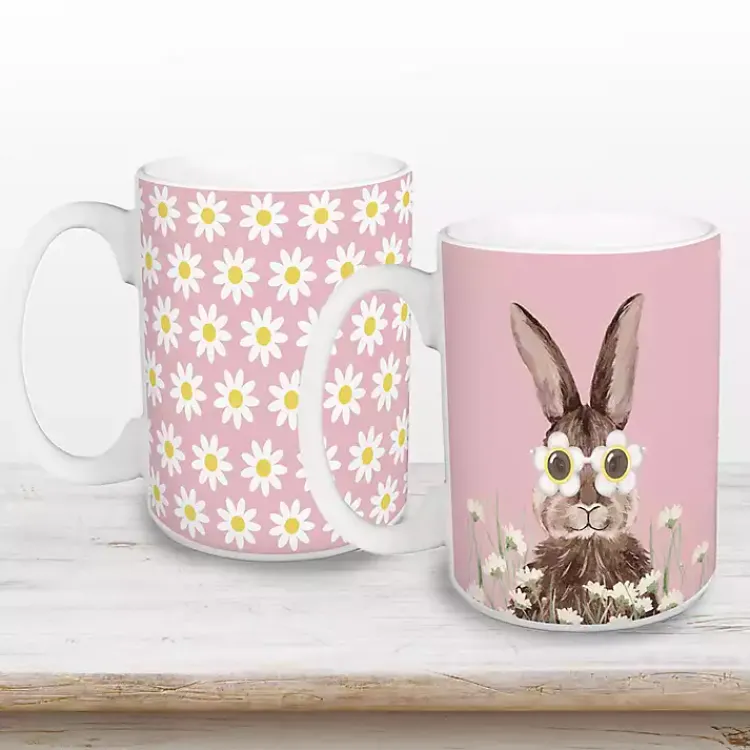 Discount Pink Daisy Sunny Bunny Mugs, Set of 2 Easter Decorations