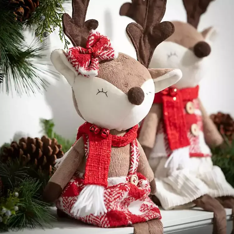 Outlet Plush Reindeer Plaid Shelf Sitters, Set of 2 Christmas Decorations