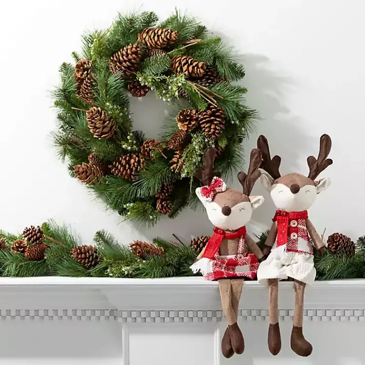 Outlet Plush Reindeer Plaid Shelf Sitters, Set of 2 Christmas Decorations