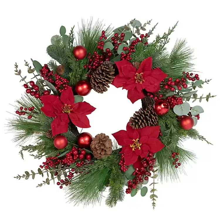 Outlet Poinsettia and Red Berry Wreath Christmas Wreaths