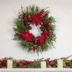 Outlet Poinsettia and Red Berry Wreath Christmas Wreaths