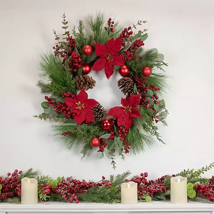 Outlet Poinsettia and Red Berry Wreath Christmas Wreaths