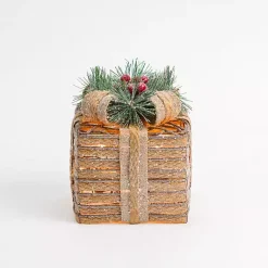 Pre-Lit Braided Burlap Christmas Gift Box, 6 in. Outdoor Christmas Decorations
