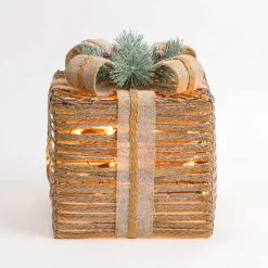 Sale Pre-Lit Braided Burlap Christmas Gift Box, 10 in. Outdoor Christmas Decorations