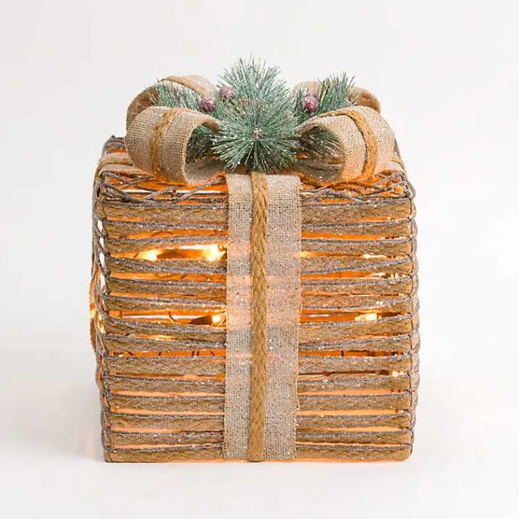 Sale Pre-Lit Braided Burlap Christmas Gift Box, 10 in. Outdoor Christmas Decorations