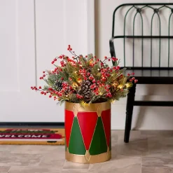 New Pre-Lit Christmas Arrangement in Drum Vase, 28 in. Arrangements & Greenery