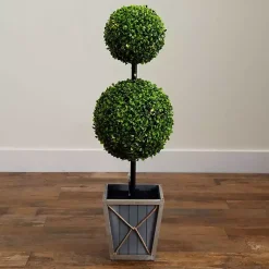 Hot Pre-Lit Double Boxwood Topiary in Planter, 3 ft. Trees & Topiaries