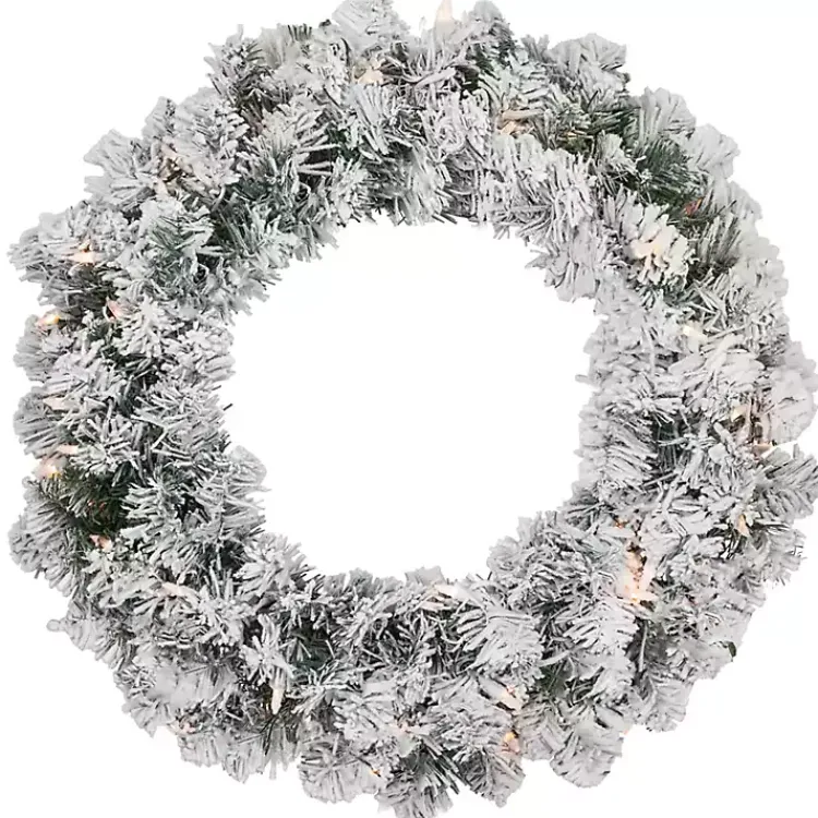 Hot Pre-Lit Flocked Madison Pine Wreath Christmas Wreaths