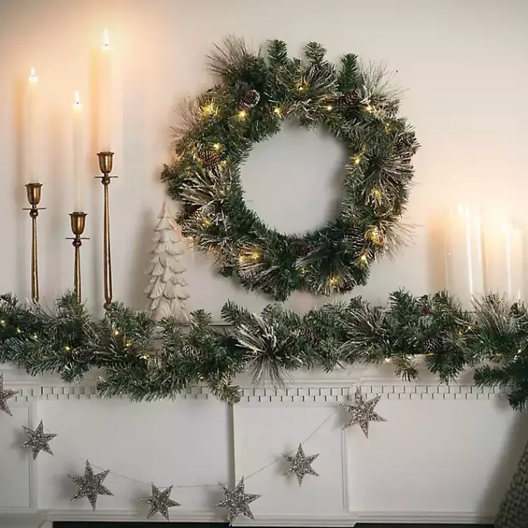 Pre-Lit Flocked Mixed Pine and Pinecone Garland Christmas Arrangements & Garland