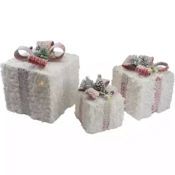 Discount Pre-Lit Frosted Rattan Gift Boxes, Set of 3 Outdoor Christmas Decorations