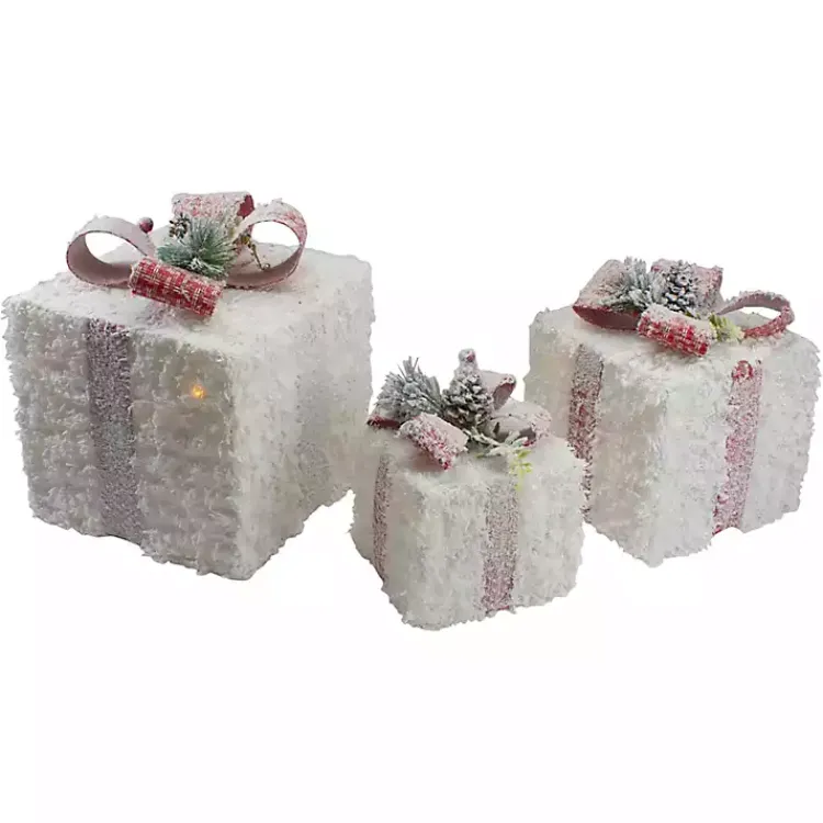 Discount Pre-Lit Frosted Rattan Gift Boxes, Set of 3 Outdoor Christmas Decorations