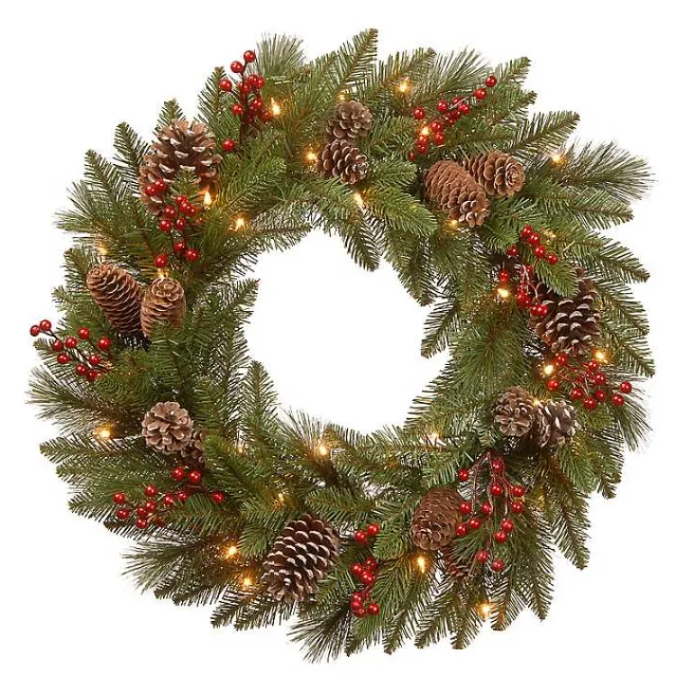 Outlet Pre-Lit Pine Cone Bristle Berry Christmas Wreath Wreaths
