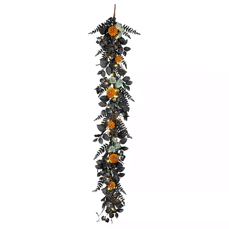 Discount Pre-Lit Pumpkin and Black Leaf Garland Halloween