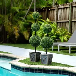 Sale Pre-Lit Triple Boxwood Topiary in Planter, 4 ft. Trees & Topiaries